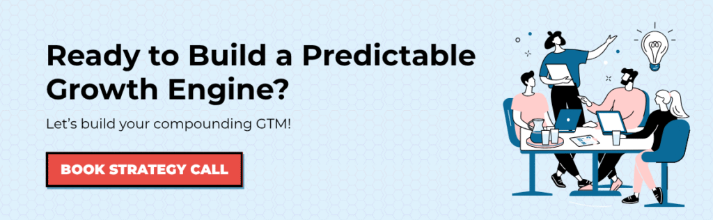 Illustration of a team collaborating around a table with laptops and a lightbulb symbol, promoting a call to build a predictable growth engine with a red 'Book Strategy Call' button. Noir Dove