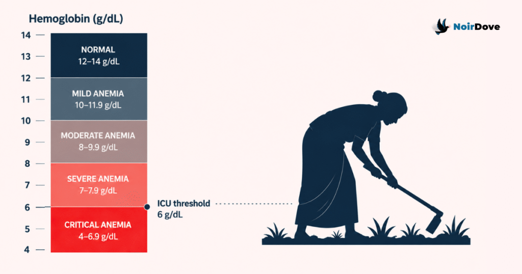 Minimalist editorial infographic on an off-white background showing a hemoglobin scale on the left and a female farmer silhouette on the right. The vertical hemoglobin chart ranges from 4 to 14 g/dL, with color-coded bands transitioning from muted red for critical anemia to deep navy for normal levels. Sections are labeled “Critical Anemia,” “Severe Anemia,” “Moderate Anemia,” “Mild Anemia,” and “Normal.” A highlighted marker at 6 g/dL is labeled “ICU threshold.” A dotted horizontal line connects this threshold to a flat navy silhouette of a woman bent over working in a field with a farming tool. The NoirDove logo appears in the top-right corner.