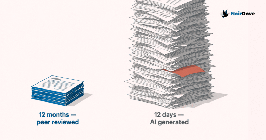 Minimalist editorial infographic on an off-white background comparing the scale of peer-reviewed research versus AI-generated content. On the left is a small, neat stack of navy-blue papers labeled “12 months — peer reviewed.” On the right is a towering, chaotic stack of light gray papers extending beyond the top edge of the image, labeled “12 days — AI generated.” One muted red sheet sticks out from the larger stack, emphasizing imbalance and overload. Clean shadows and generous whitespace create a restrained editorial magazine aesthetic. The NoirDove logo appears in the top-right corner.