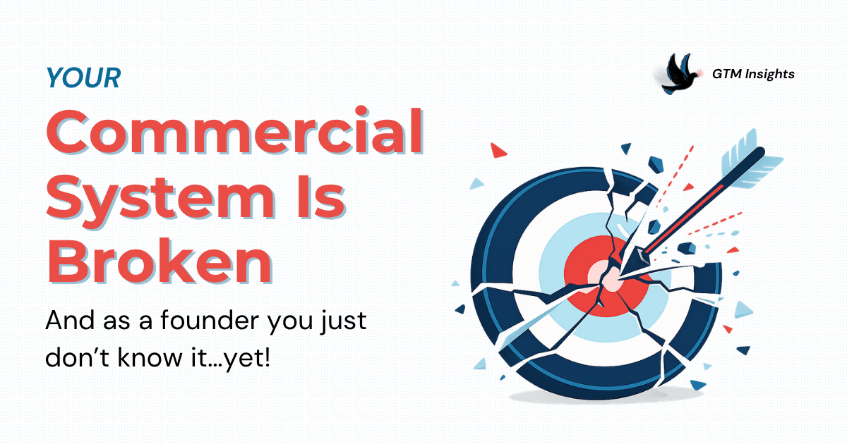 LinkedIn banner on an off-white background featuring the bold headline “Your Commercial System Is Broken” in large coral-red text with blue shadow accents. Above the headline, the word “YOUR” appears in italic navy text. A smaller black subtitle reads, “And as a founder you just don’t know it…yet!” On the right is a flat editorial illustration of a cracked archery target in navy, white, and light blue, shattered by an arrow striking the center, with fragments flying outward to symbolize a broken commercial strategy. The NoirDove bird logo and “GTM Insights” branding appear in the top-right corner. The overall design uses a minimalist editorial style with generous whitespace and a restrained business color palette.