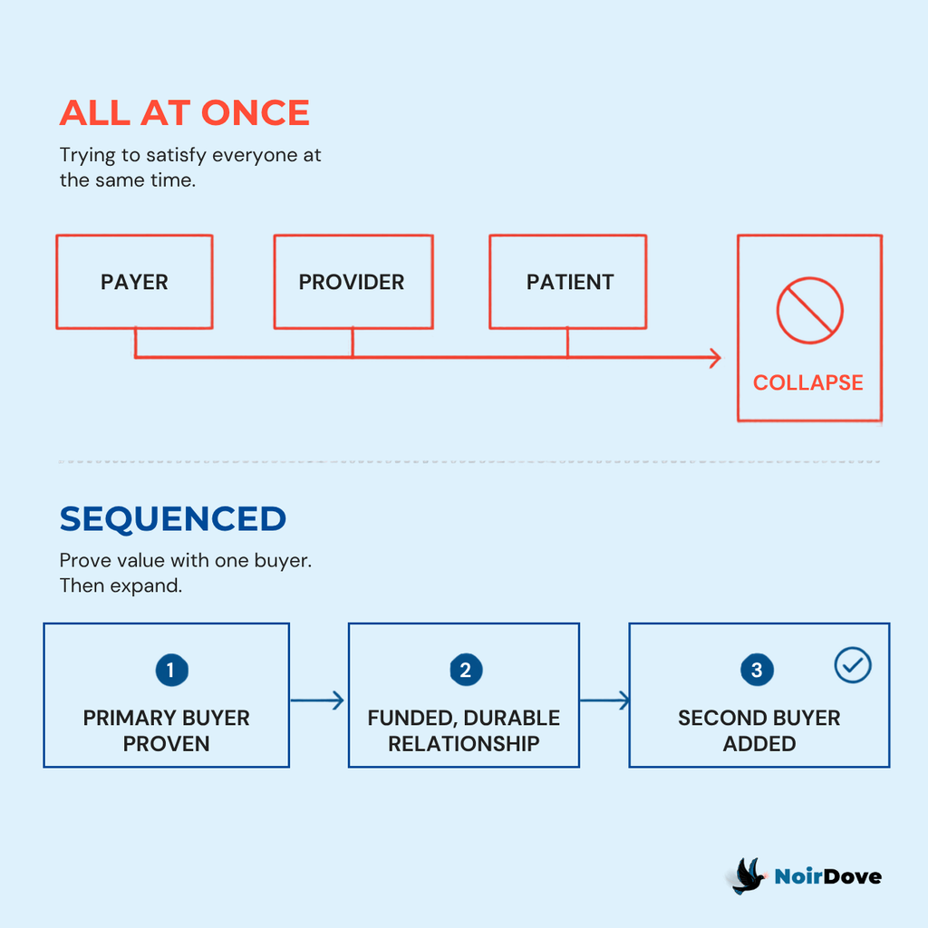 Healthcare GTM strategy comparing an all-at-once approach with a sequenced approach that proves one primary buyer before expanding