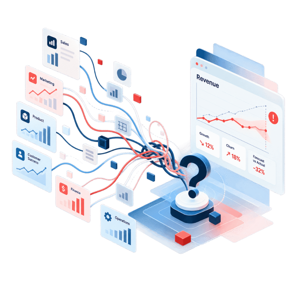 Abstract visual representing a fragmented revenue system, with interconnected shapes and pathways illustrating how misalignment across sales, marketing, product, and operations can create hidden constraints to growth. Uses NoirDove’s blue, teal, coral, and light neutral brand palette.